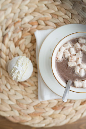 Hot chocolate drink in a white cupの写真素材