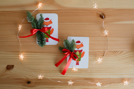 Cute postcards decorated with coniferous branches of nobilisの写真素材