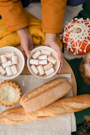 Picnic in nature, hot drink with marshmallows in your hands.の写真素材