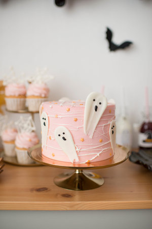 Halloween decoration, sweet table, ghost cake and cupcakes. The decor of a children's holiday.の写真素材