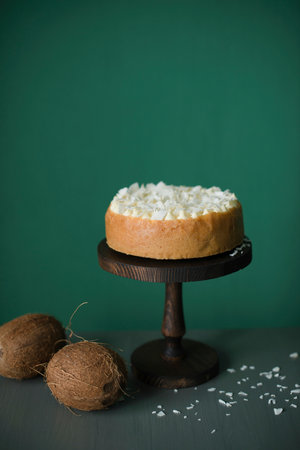 Baking with coconut chips on the tableの写真素材