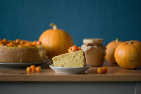 Pumpkin pastry cheesecake on the tableの写真素材