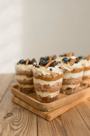 Pastries with pears and berries on the tableの写真素材