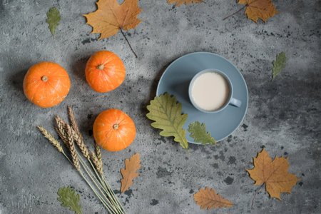 Autumn composition, pumpkins and a mug with a drinkの写真素材