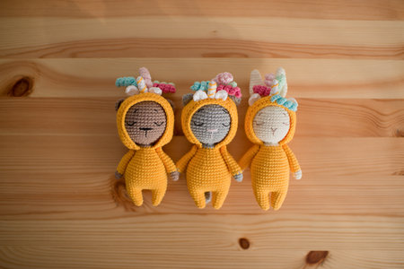 Toys friends together, bear, cat and rabbit, handmade.の写真素材
