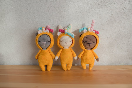 Toys friends together, bear, cat and rabbit, handmade.の写真素材