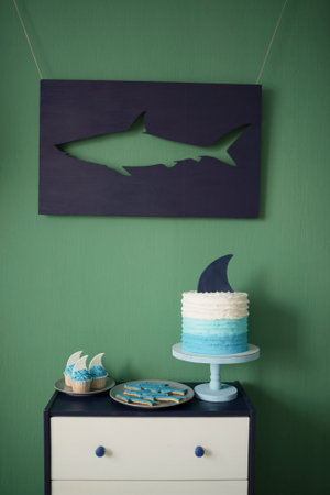 Home decoration of a children's holiday in the style of a shark and an oceanの写真素材