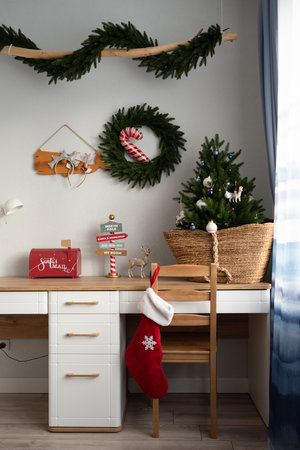 The interior of the room decorated for Christmasの写真素材