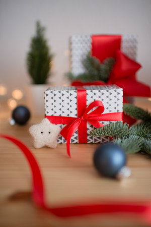 Christmas gifts on the tableの写真素材