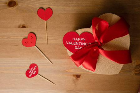 Heart-shaped Box decorated with Red Satin Ribbon, Happy Valentine's Day Card