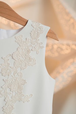 White festive dress hanging on a wooden hangerの写真素材