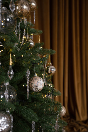 Decorated christmas tree with golden and silver baublesの写真素材