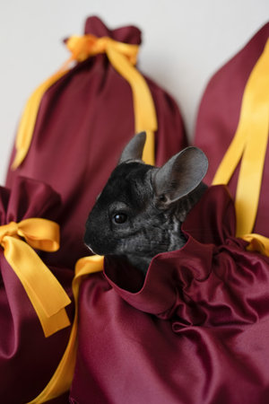 Cute black chinchilla sitting in a gift fabric bagの写真素材
