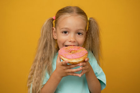 Little girl with a donut in her hands on a yellow background.の写真素材