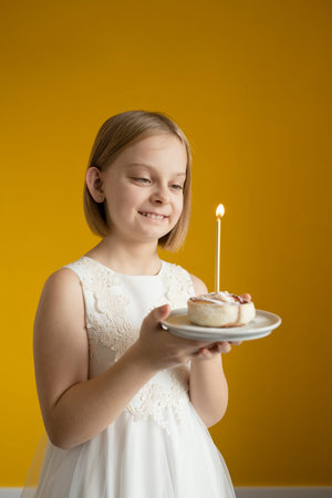 Girl holding a cake with a candle on a yellow background.