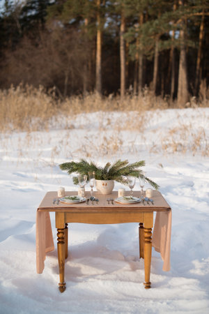 Vintage table on the background of winter forestの写真素材