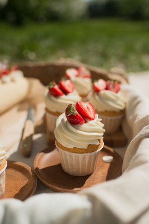 Cupcakes with strawberries on a wooden plate in the garden.の写真素材