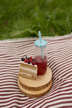A piece of cake with berries and a glass of juice on a picnic blanketの写真素材