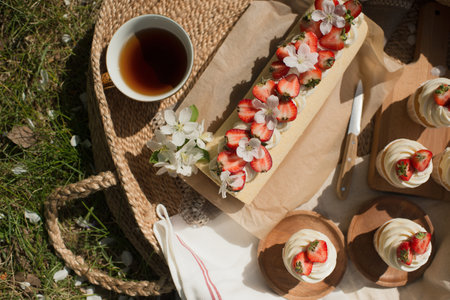 Strawberry cake with cream and cup of tea on the grassの写真素材
