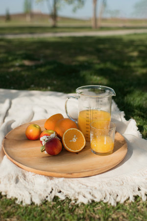 Orange juice in a glass jug and fresh fruits on a wooden boardの写真素材