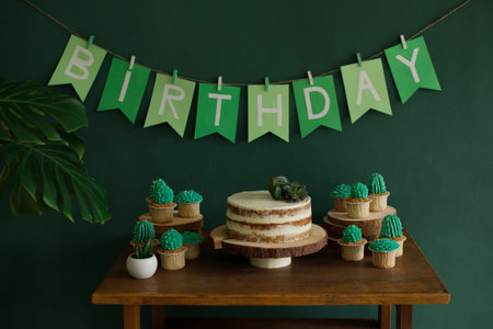 Board with delicious birthday cake, cactus and garland on tableの写真素材