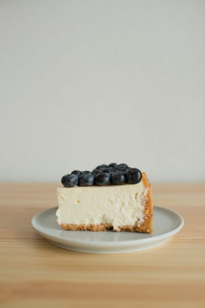 Blueberry cheesecake on white plate on wood table and white wall background