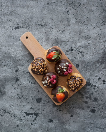 Chocolate dipped strawberries on wooden board over gray stone background. top view with copy spaceの写真素材