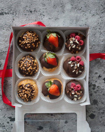Chocolate muffins with strawberries and raspberries in a box