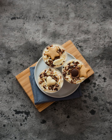 Chocolate trifle with nuts and chocolate chips in bowl on gray backgroundの写真素材