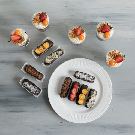Chocolate dessert with cream and berries on a white plate.の写真素材
