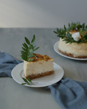 Homemade cheesecake with walnuts and green leaves on a white plate.の写真素材