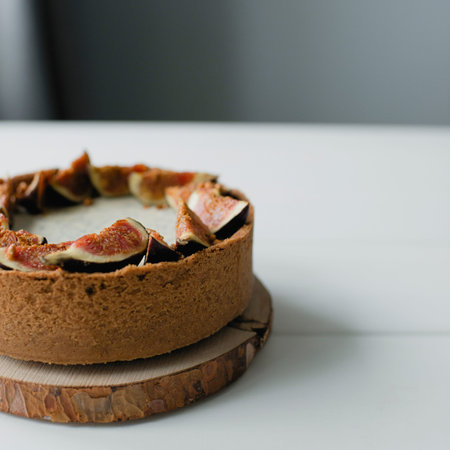 Homemade cake with figs on white wooden table. selective focus.