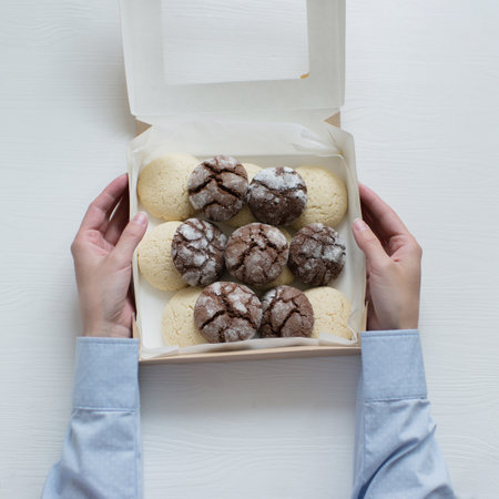 Woman's hands holding a box of cookies on a white wooden background.の写真素材
