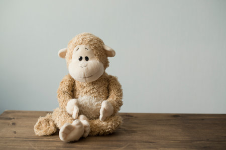 teddy bear sitting on a wooden table with white wall background.の写真素材