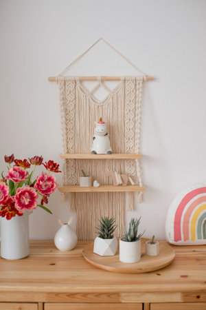 Interior of modern scandinavian room with wooden shelf