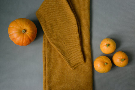 Autumn still life with pumpkins and sweater on a gray background.の写真素材