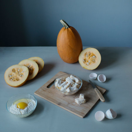 Pumpkin and ingredients for cooking pumpkin pie on a gray backgroundの写真素材
