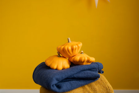 Bush pumpkins and knitted sweaters on a yellow backgroundの写真素材