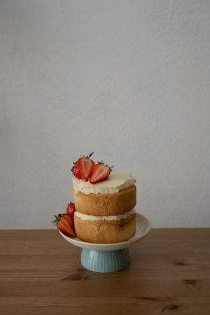 Strawberry cake on wooden table and white wall background, selective focusの写真素材