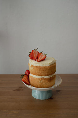 Strawberry cake on a plate on a wooden table against a white wall