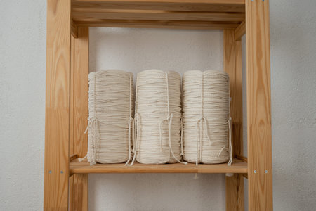 Wooden shelving with rolls of white rope on white wall backgroundの写真素材