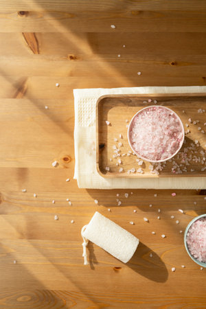 Spa still life with bath salt on a wooden backgroundの写真素材