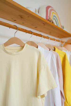 Women's t-shirts on hangers in the dressing room, interior designの写真素材
