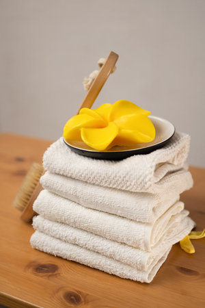 Bath accessories on a wooden table. Soap, towels, massage brush, terry cloth.の写真素材