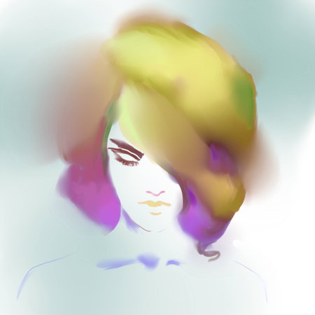 Beautiful woman portrait with fashion haircut and creative trendy make-up. Fashion woman with trendy sunset color hairstyleの写真素材