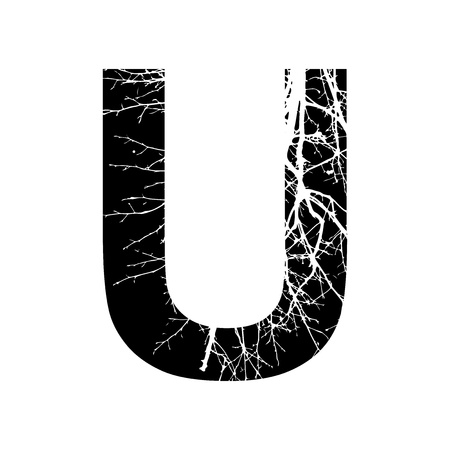 Letter U double exposure with white tree on black background.Vector isolated illustration.Black and white double exposure silhouette numbers combined with photograph of nature.Letters of the alphabetの写真素材