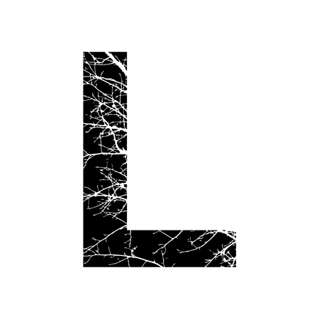 Letter L double exposure with white tree on black background.Vector isolated illustration.Black and white double exposure silhouette numbers combined with photograph of nature.Letters of the alphabetの写真素材