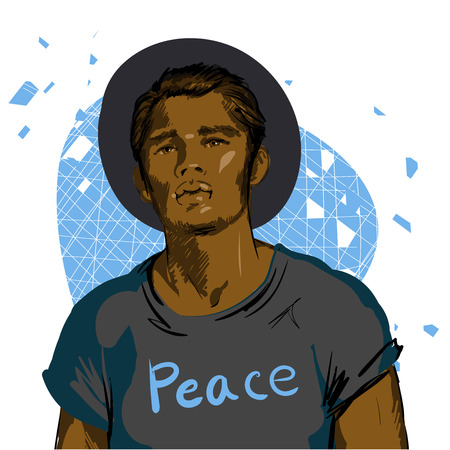 Beautiful Brunette Men a hat. Beauty Model Male. Hairstyle. Fashionable men. Freehand drawing vector. Can be used for banners, cards, covers. Vector portrait african american beautiful men.の写真素材