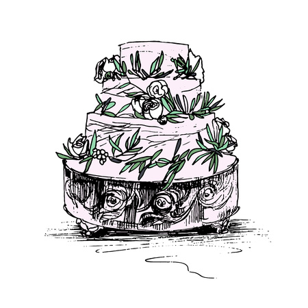 Set of wedding vintage design elements, designers toolkit.  Vector illustration. Beautiful flowers on table in wedding day. Wedding cake. Hand drawn illustrationの写真素材