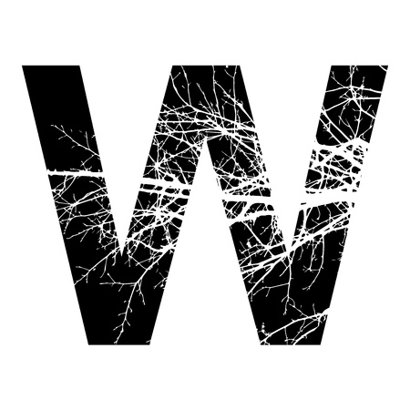 Letter W double exposure with white tree on black background.Vector isolated illustration.Black and white double exposure silhouette numbers combined with photograph of nature.Letters of the alphabetの写真素材